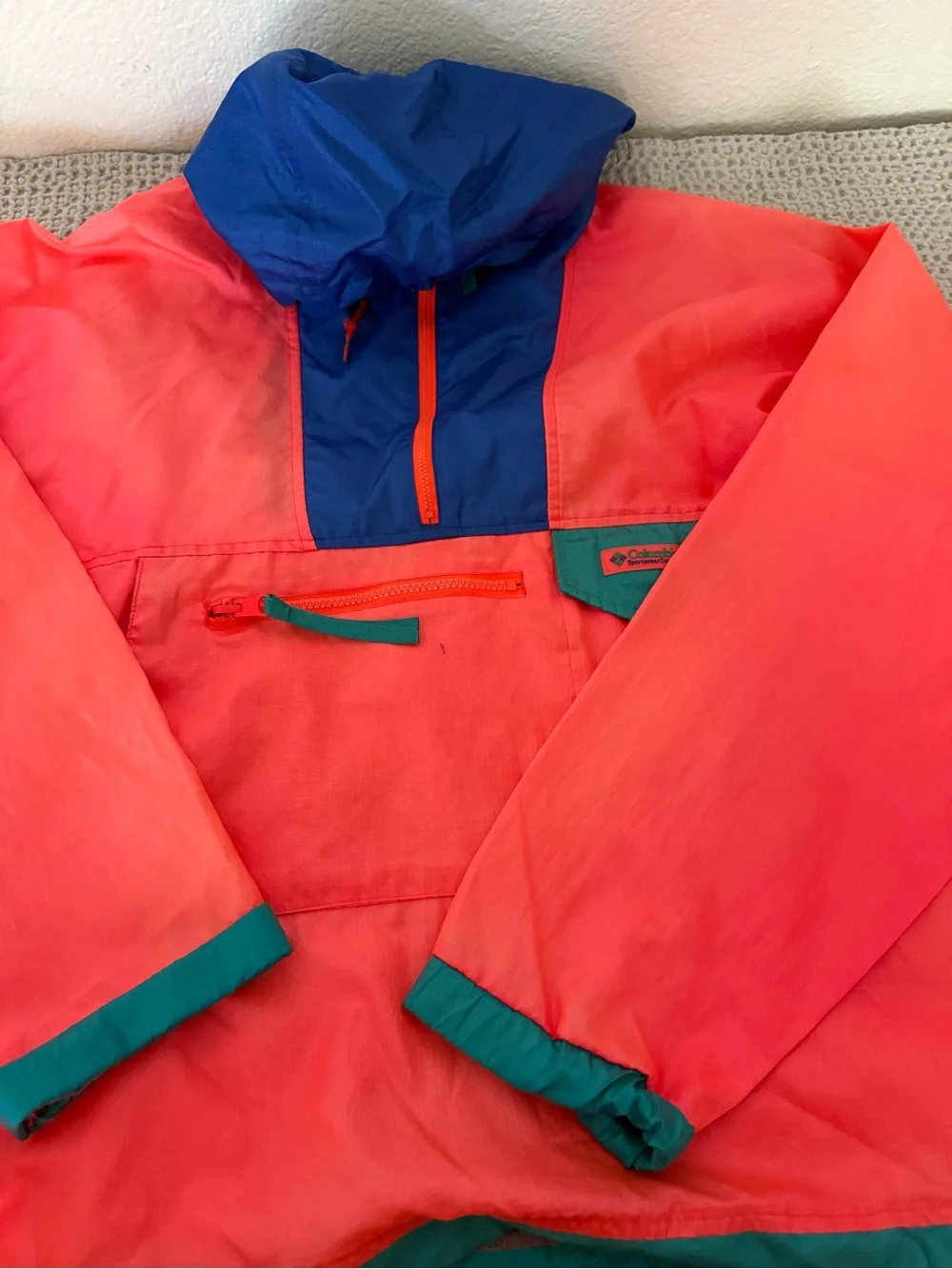 Columbia Retro 80s Pullover Windbreaker Neon Color Block Hooded Jacket Men’s L